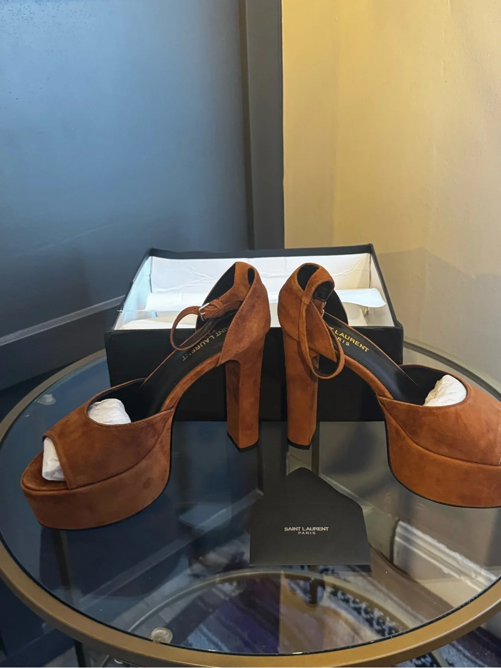 Saint Laurent Tan Suede Platform Peep-Toe Heels